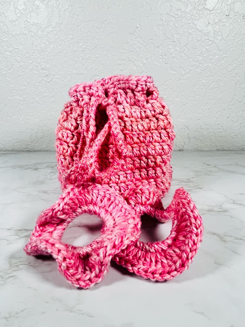 Pink Crochet Drawstring Bag With 2 Matching Scrunchies